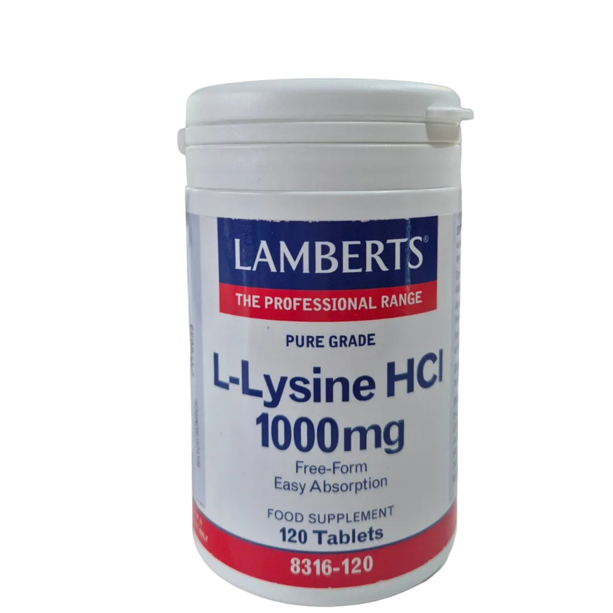 Lamberts L-Lysine HCI 1000mg supplement container on a white background