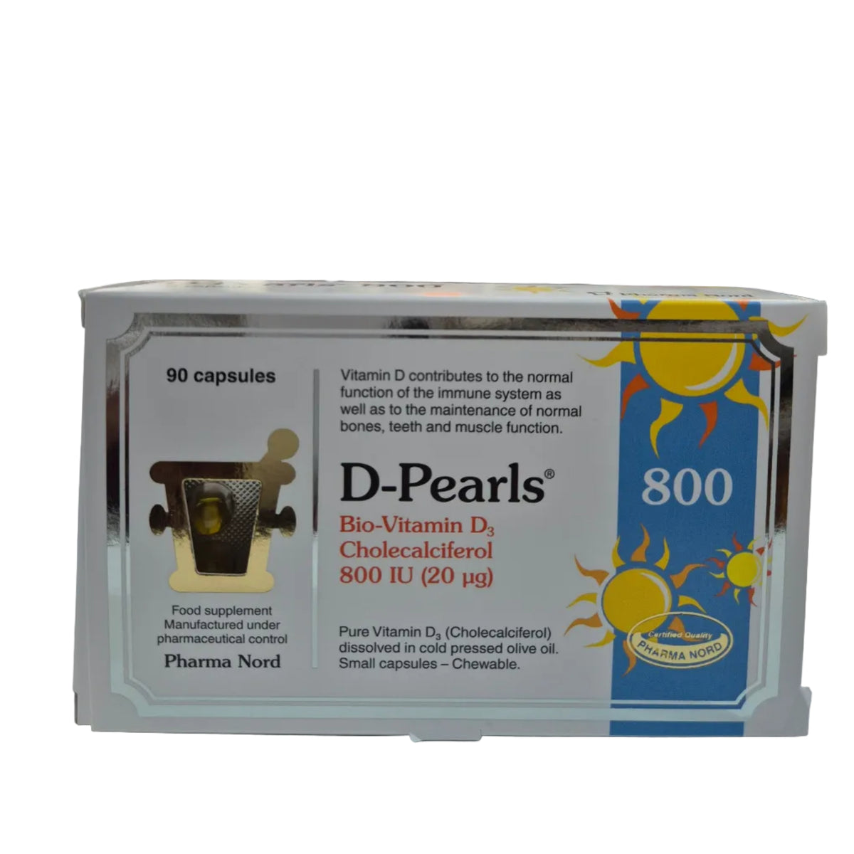 Box of D-Pearls Vitamin D supplement with sun design on a white background