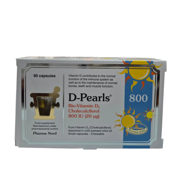 Box of D-Pearls Vitamin D supplement with sun design on a white background