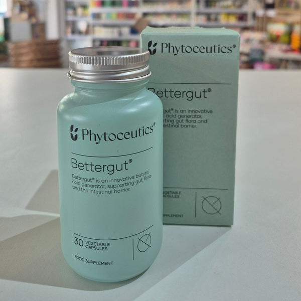 Phytoceutics Bettergut supplement bottle and packaging on a table