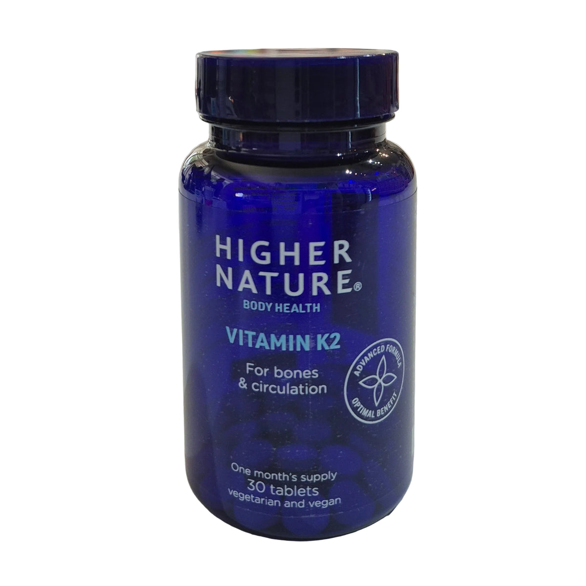Blue bottle of Higher Nature Vitamin K2 on a light background
