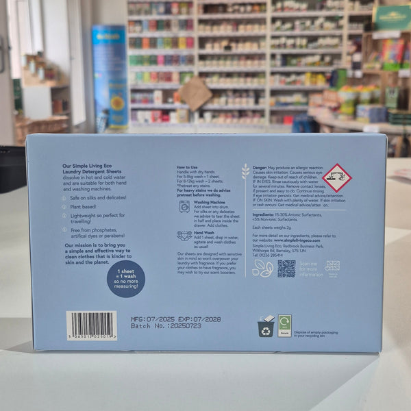 Product packaging with text and symbols on a shelf in a store