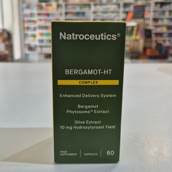 Natroceuticals Bergamot-HT Complex supplement box on a table with a blurred background