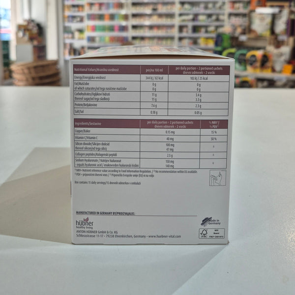 Box with nutritional information on a white surface, blurred store background