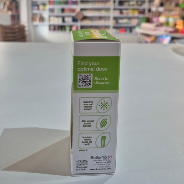 BetterYou Vitamin D3000 IU daily oral spray packaging on a white surface with a blurred background.