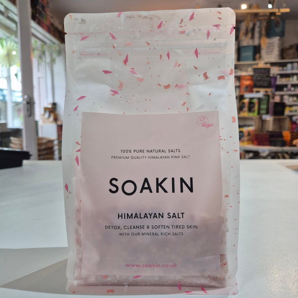 Soakin Himalayan salt packaging on a white surface with a store background