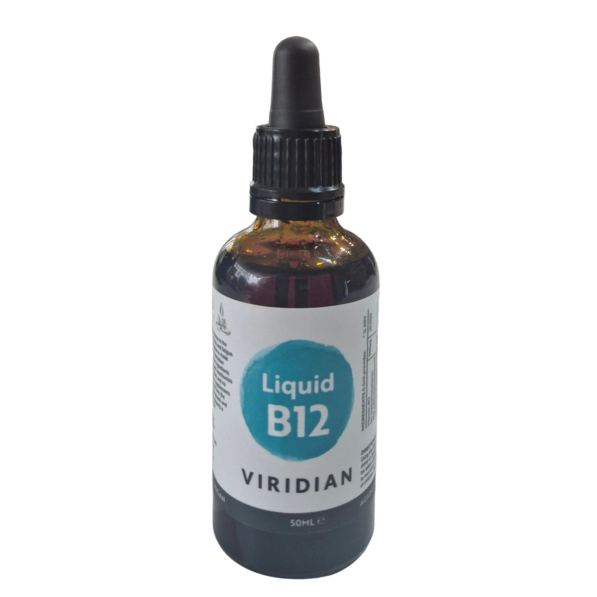 Bottle of Viridian Liquid B12 on a white background