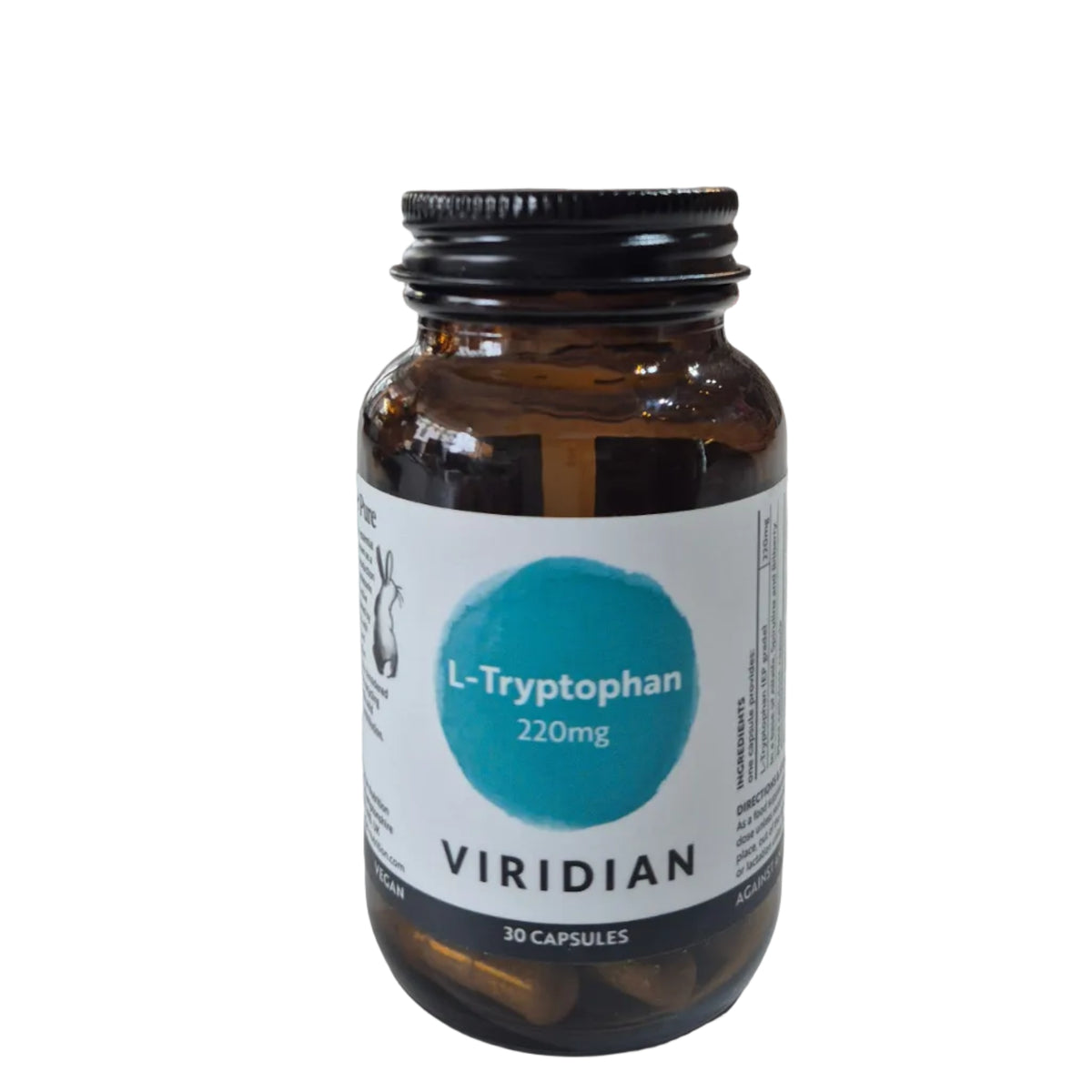 Bottle of Viridian L-Tryptophan on a white surface with a blurred background