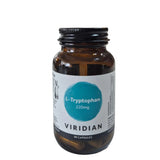 Bottle of Viridian L-Tryptophan on a white surface with a blurred background