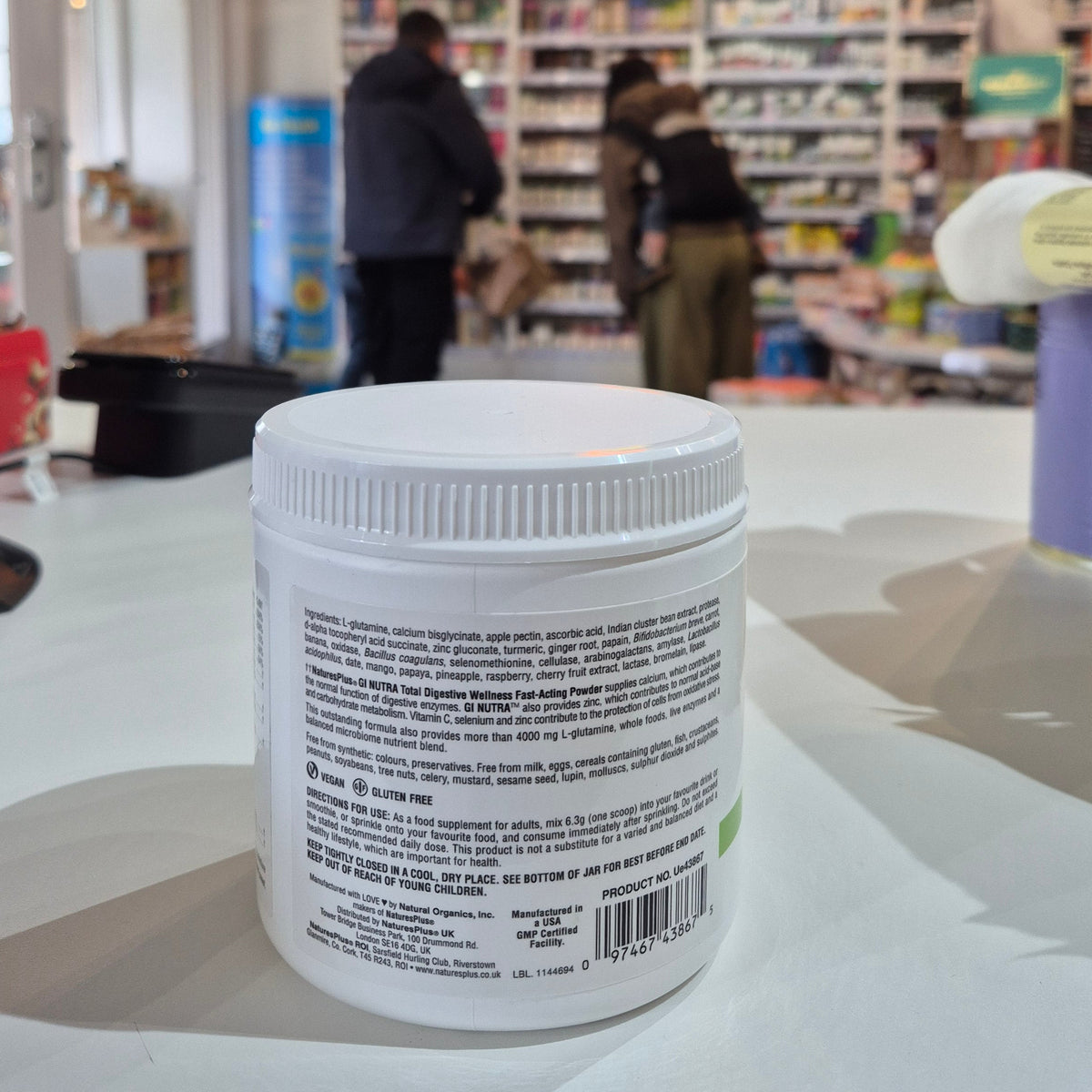 A container with a label in a store setting