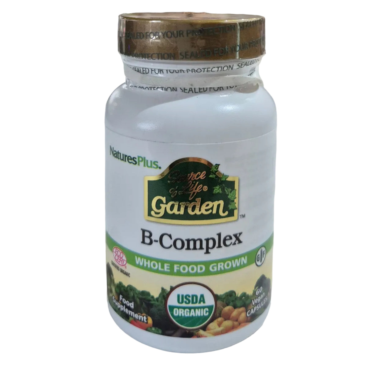 B-Complex supplement bottle with NaturesPlus and Once a Day Garden branding on a white background