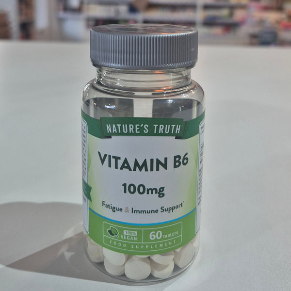 Bottle of Nature's Truth Vitamin B6 100mg on a white surface