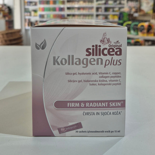 Silicea Kollagen plus packaging on a table with a blurred store background