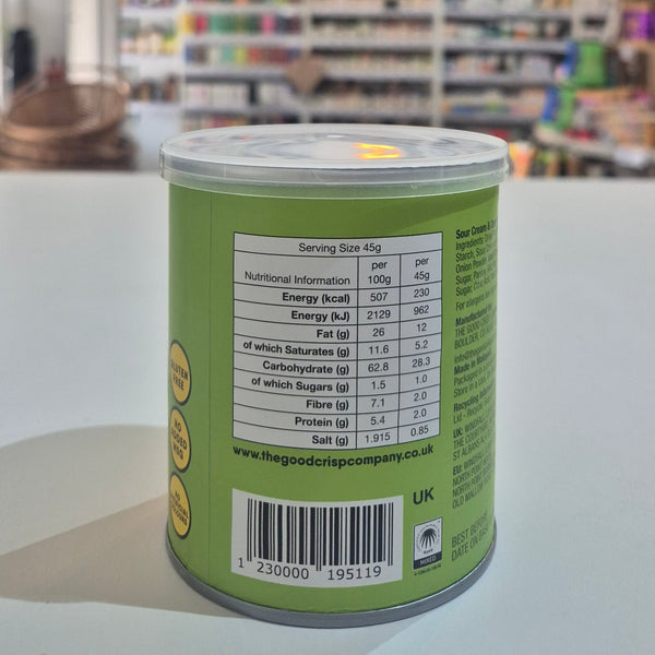 Green can with nutritional information label on a white surface