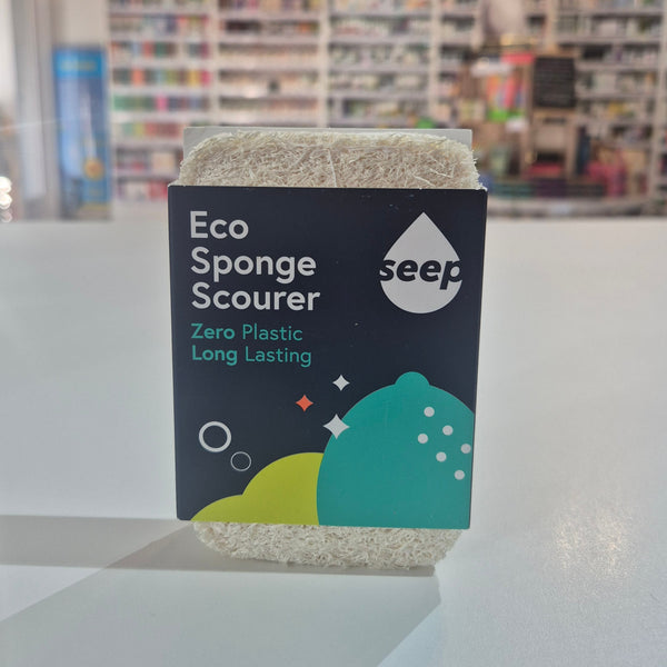Eco Sponge Scourer with seep branding on a shelf in a store setting