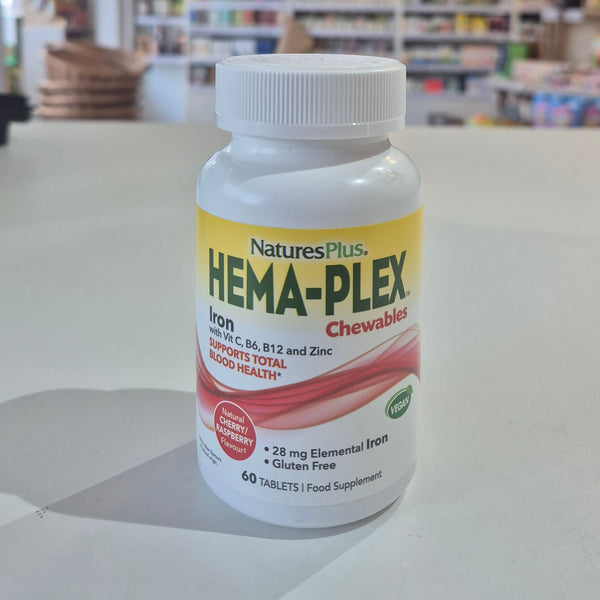 NaturesPlus Hema-Plex Chewables bottle on a counter in a store setting