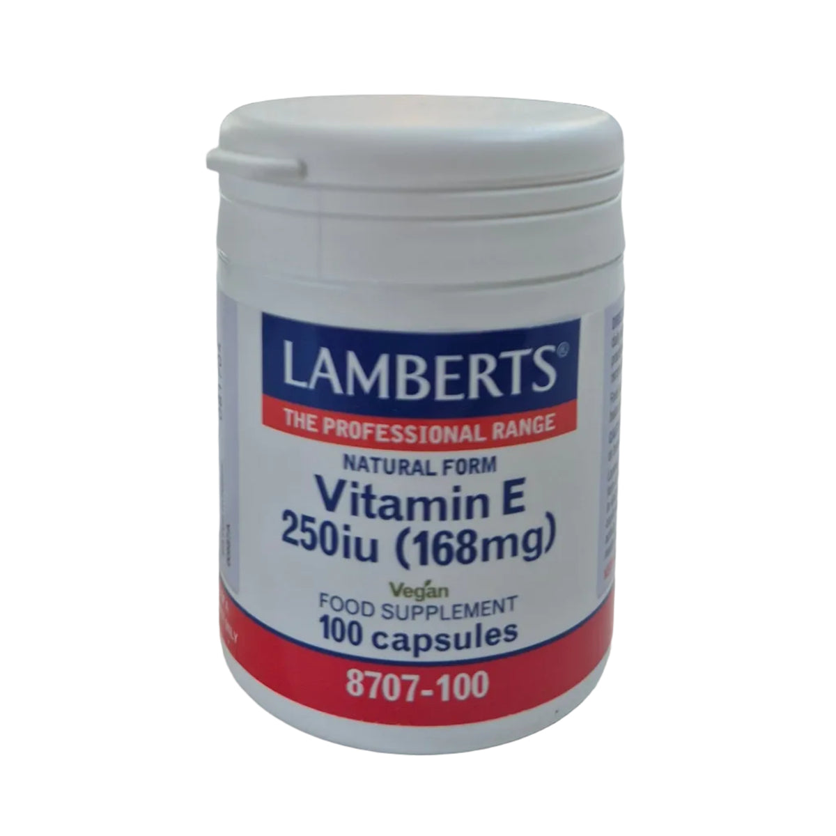 Lamberts Vitamin E supplement container on a white background