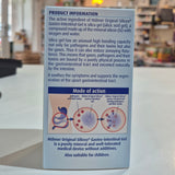 Packaging of Hubner Original Silicea Gi Gel 200Ml for gastro-intestinal complaints, displaying indications such as nausea, vomiting, flatulence, diarrhoea, stomach aches, and heartburn in a shop, on a counter back of the packet