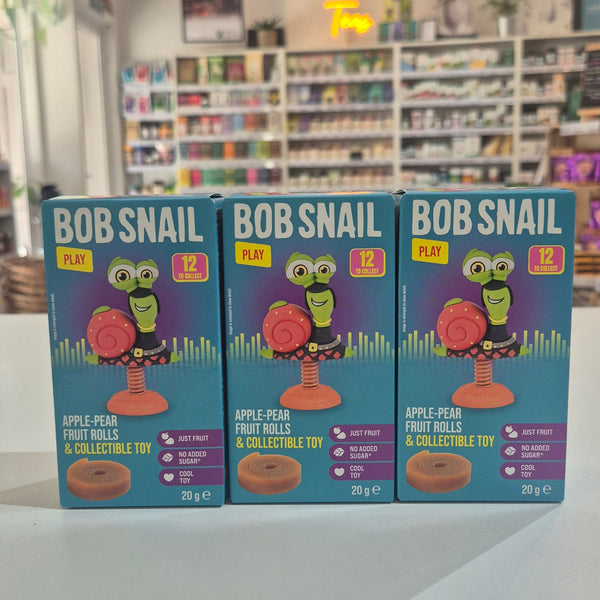 Three Bob Snail toy boxes with colorful packaging on a shelf.