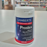 Lamberts Prostex supplement container on a table with a blurred background