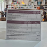 Nutritional information label on a product packaging with a blurred background of a store.