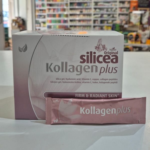 Kollagen Plus packaging on a table with a blurred store background