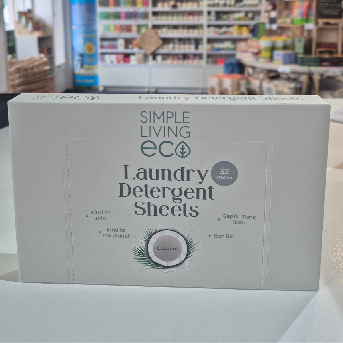 Box of Simple Living eco laundry detergent sheets in a store setting