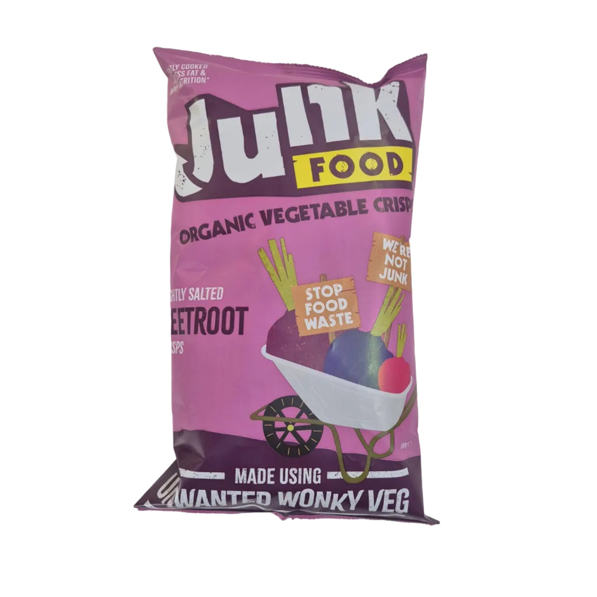 Pink package of Julik Food organic vegetable crisps on a white background