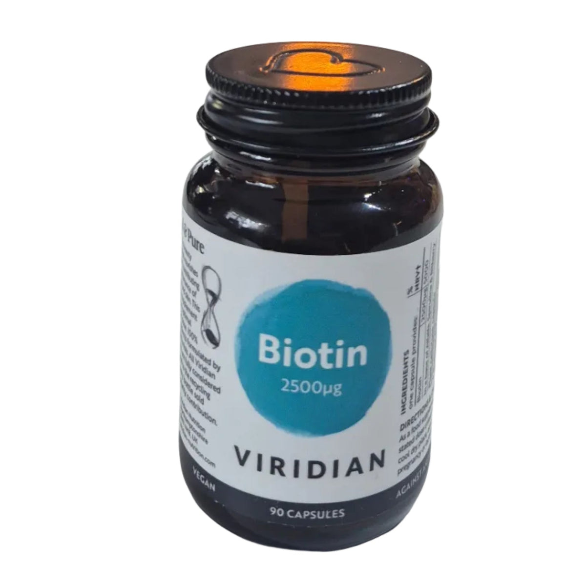 Bottle of Viridian Biotin capsules on a white background