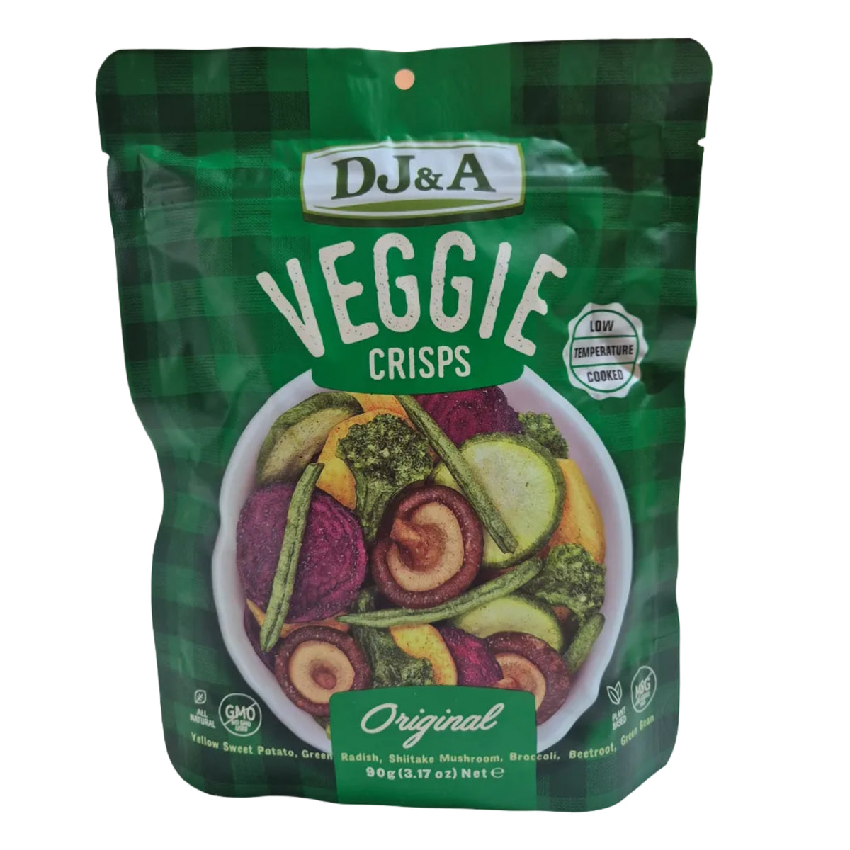 Packaging of DJ&A Veggie Crisps with a green background