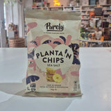 Pack of Purely Plantain Chips Sea Salt on a white surface with a store background