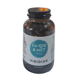 Bottle of Viridian Co-Q10 & MCT supplement on a shelf with a blurred store background