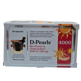 Box of D-Pearls Vitamin D supplement with text and graphics on a white background