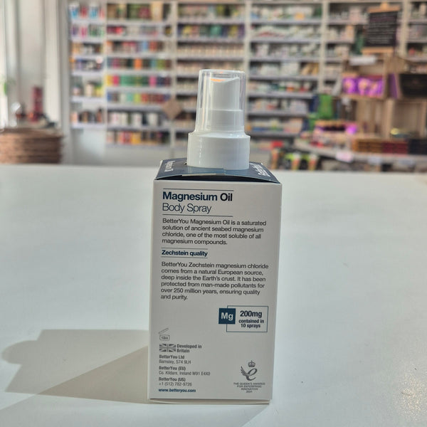 Magnesium oil body spray with packaging on a surface, blurred store background
