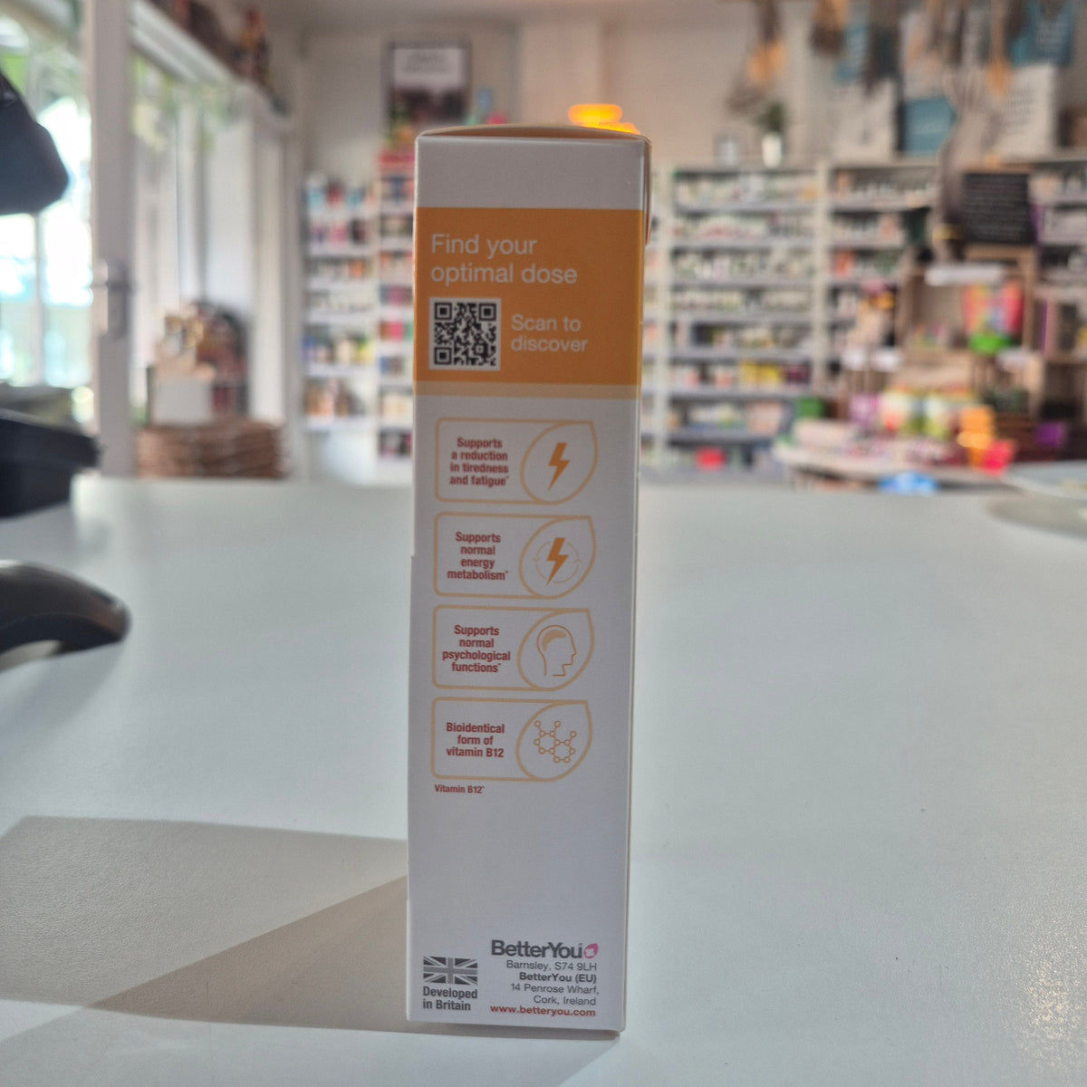 Packaging of Better You Boost B12 Oral Spray, showing the spray bottle and box with branding and product information.