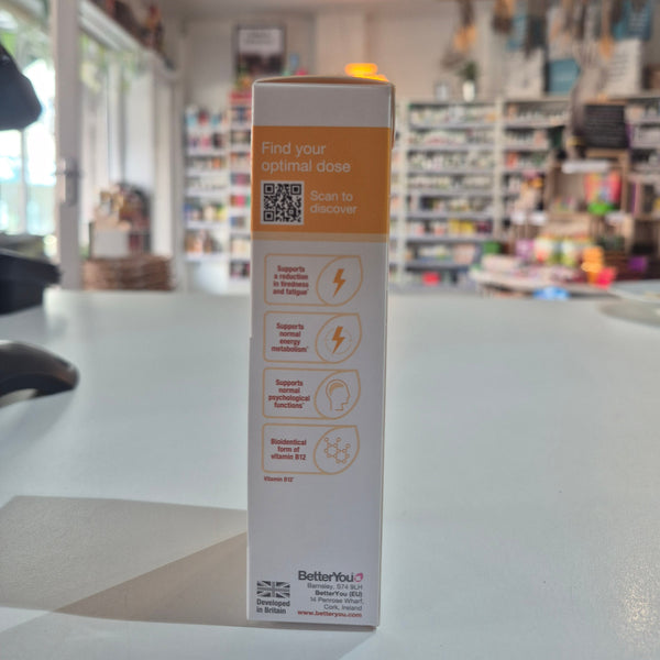 Packaging of Better You Boost B12 Oral Spray, showing the spray bottle and box with branding and product information.