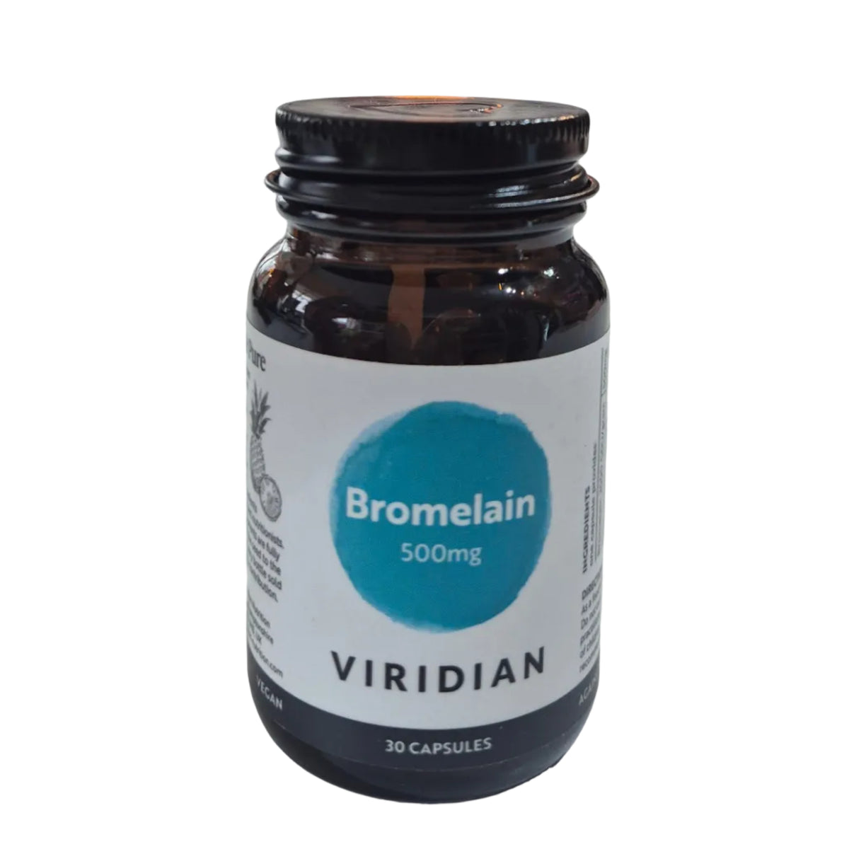 Bottle of Viridian Bromelain 500mg capsules on a white background