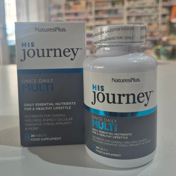 NaturesPlus His Journey Once Daily Multi supplement bottle and packaging on a white surface.