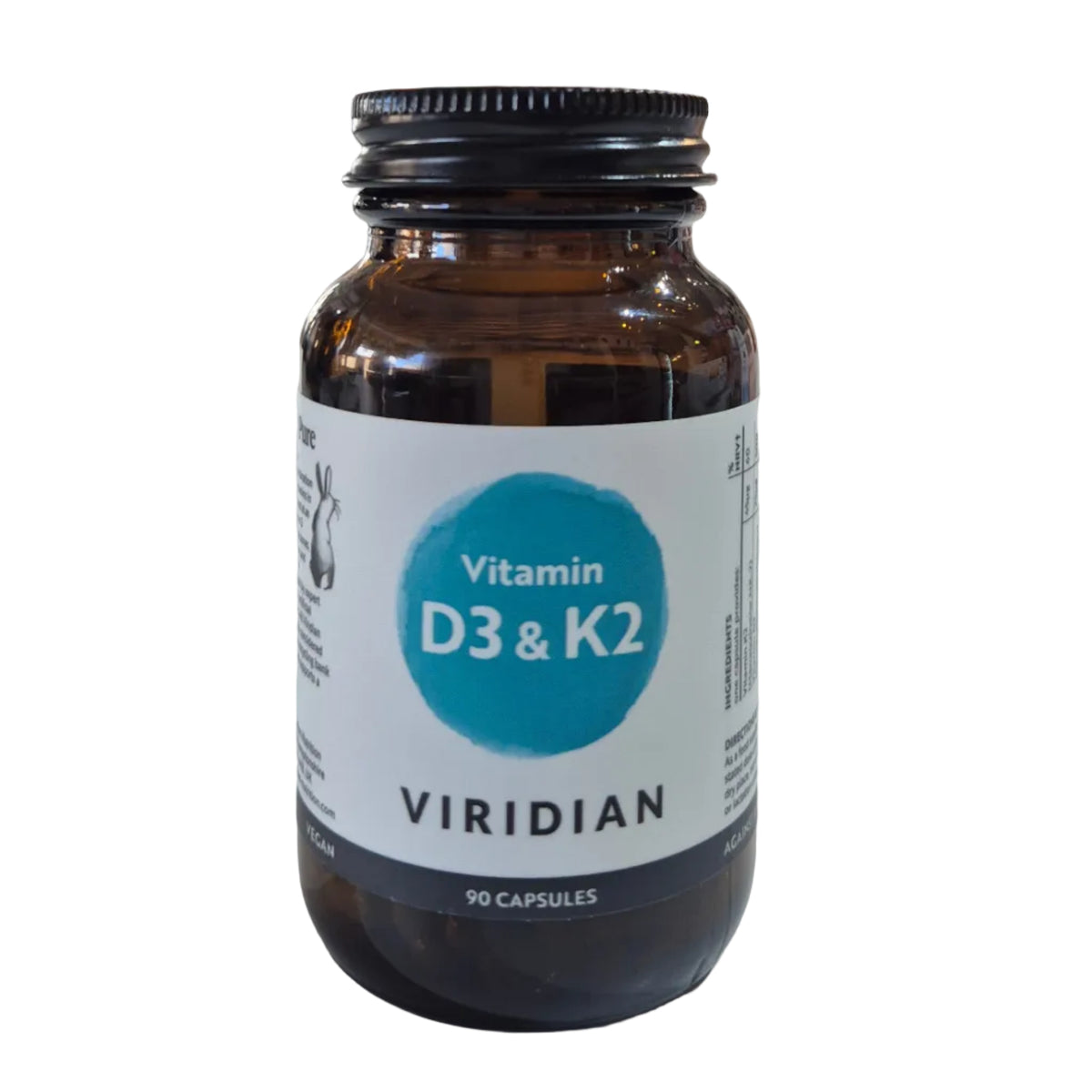 Vitamins D3 & K2 bottle with Viridian label on a white background