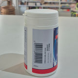 White container with a label featuring a barcode on a white surface.