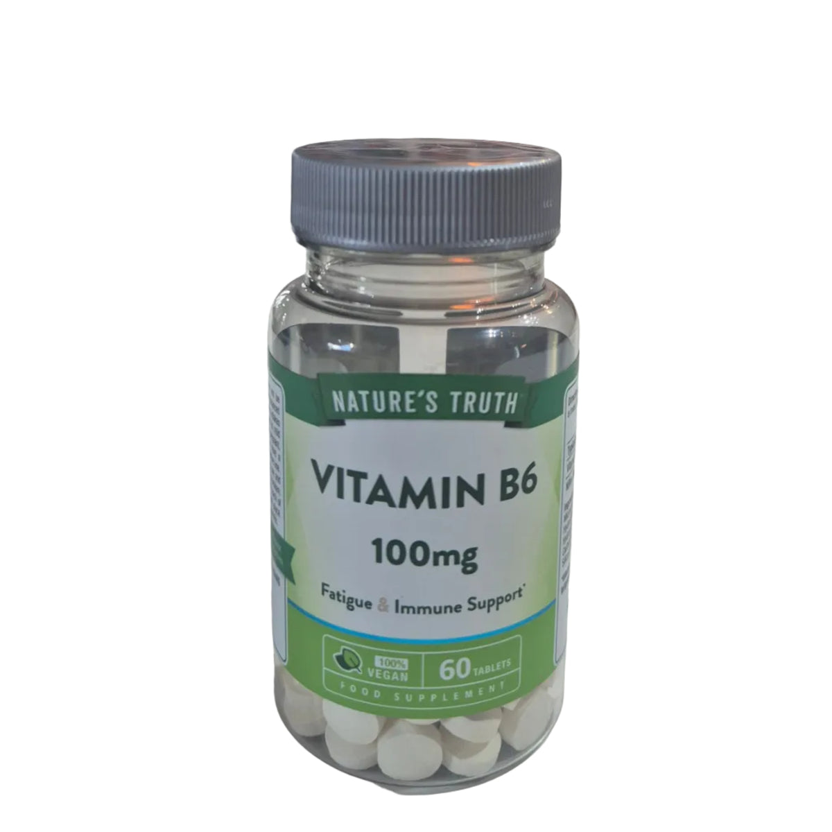 Bottle of Nature's Truth Vitamin B6 100mg on a white background