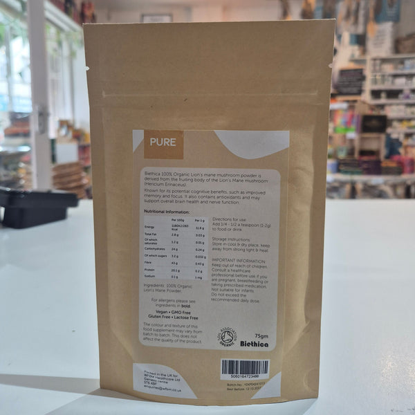 Back of package of Biethica Pure Organic Lion's Mane mushroom powder in a store setting