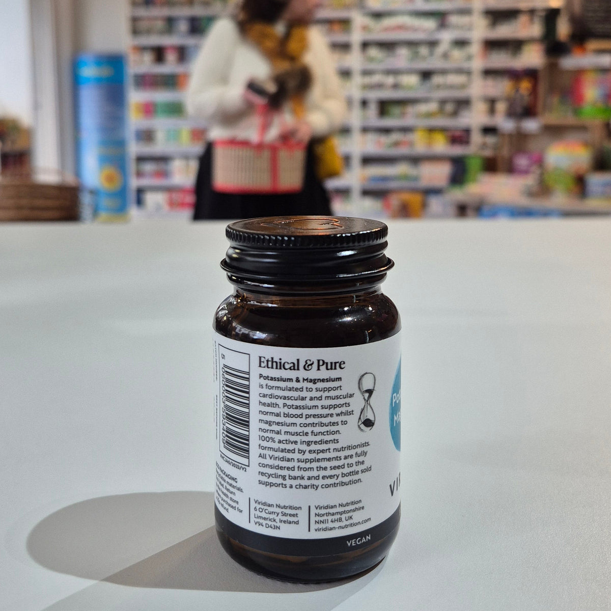 A bottle of Viridian Nutrition Potassium & Magnesium supplement with 30 capsules.
