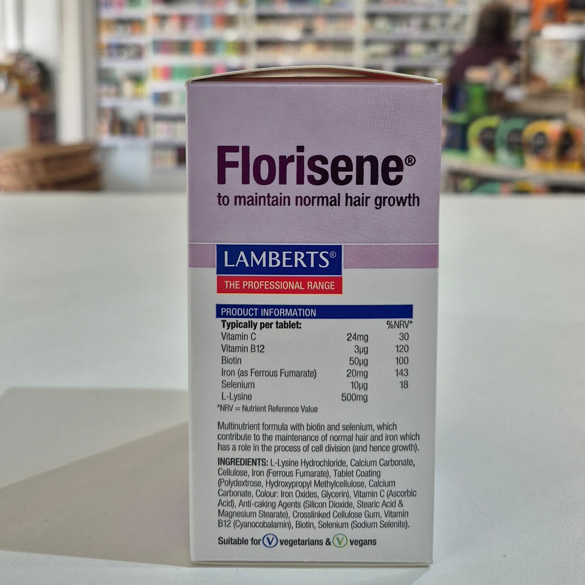 Florisene supplement box by Lamberts on a counter with a blurred store background