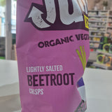 Purple bag of organic beetroot crisps with visible branding in a store setting