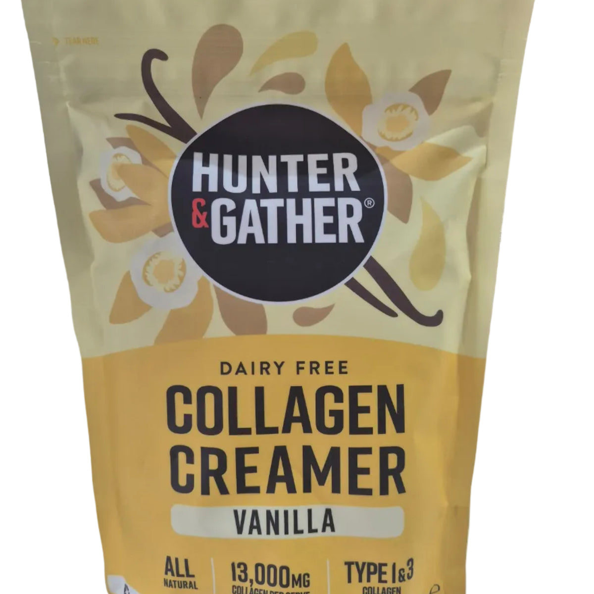 Packaging of Hunter & Gather Collagen Creamer in vanilla flavour on a white background