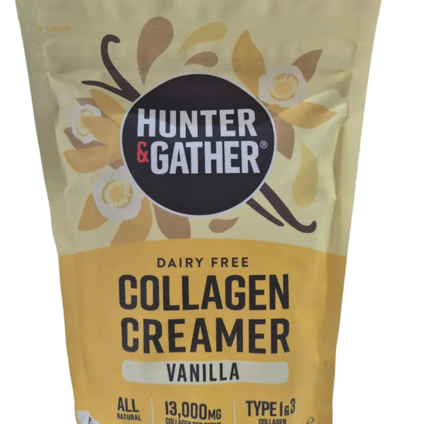 Packaging of Hunter & Gather Collagen Creamer in vanilla flavour on a white background