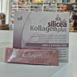 Kollagen Plus packaging with a box and sachet on a shelf in a store.