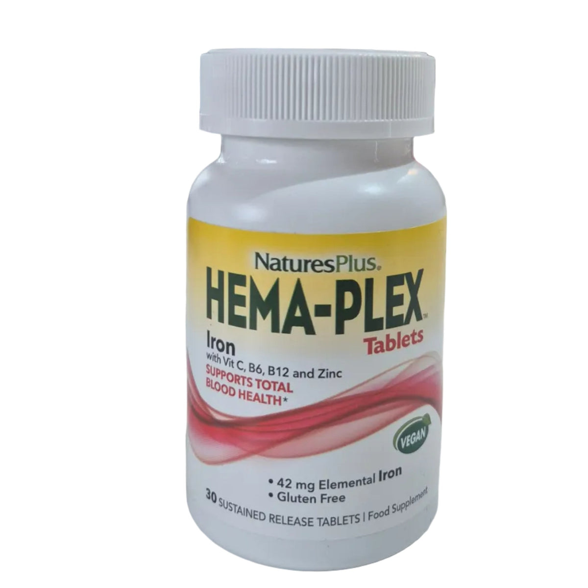 Bottle of NaturesPlus Hema-Plex Iron Tablets on a white background