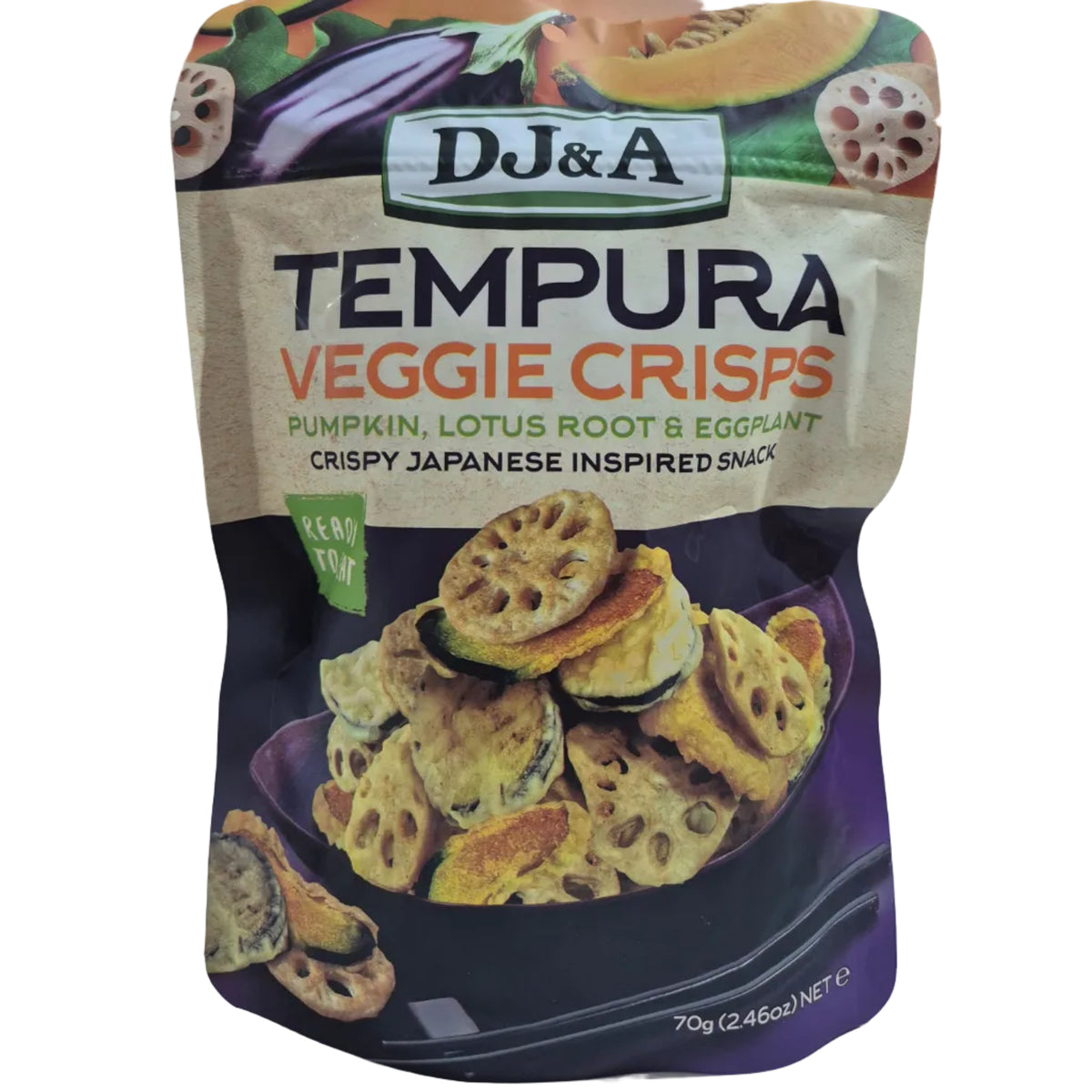 Packaging of DJ&A Tempura Veggie Crisps with images of vegetables on a white background